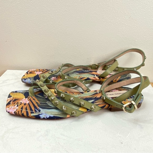 ANTONIO MELANI STAPPY STUDDED LEATHER TROPICAL GLADIATOR SANDALS - Picture 3 of 9